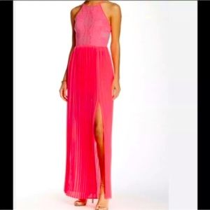 Lush Neon Pleat Lace Maxi Dress